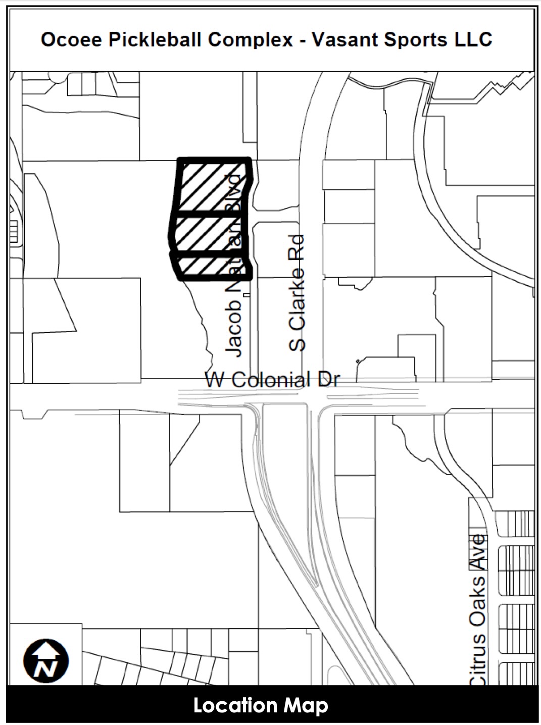 Map shows the location of the Ocoee Pickleball Complex.